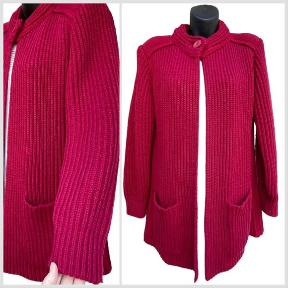 Christmas VTG 90s Red High Neck One Button Ribbed Knit Cardigan Women’s M Winter - Picture 2 of 8